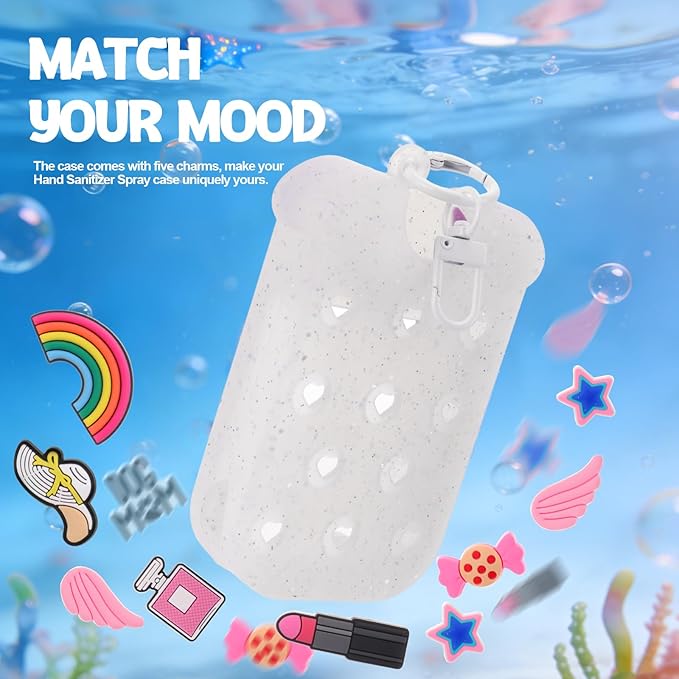 Mity rain Hand Sanitizer Spray Case Compatible With Touchland, Cute Silicone Hand Sanitizer Holder Keychain with 4 Charms, Portable Refillable Sanitizer Accessory, Gift for Women And Teens