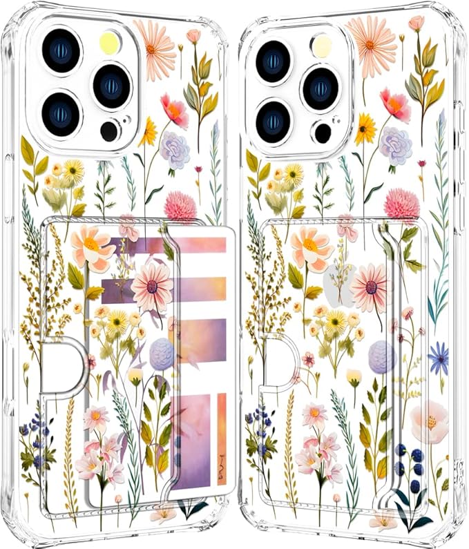 Compatible with iPhone 16 Pro Max Case Card Holder for Women Cute Design,Wallet Phone Cases Transparent Cool Kawaii Protective (Clear Watercolor Floral)