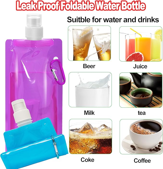 smilixin 10 Pack Collapsible Water Bottles,Reusable Drinking Water Bags with Carabiner Clip,480ml Travel Water Bottle,Leak Proof Water Bottles for Camping,Hiking Travel,Gym,Sports,Biking,BPA Free
