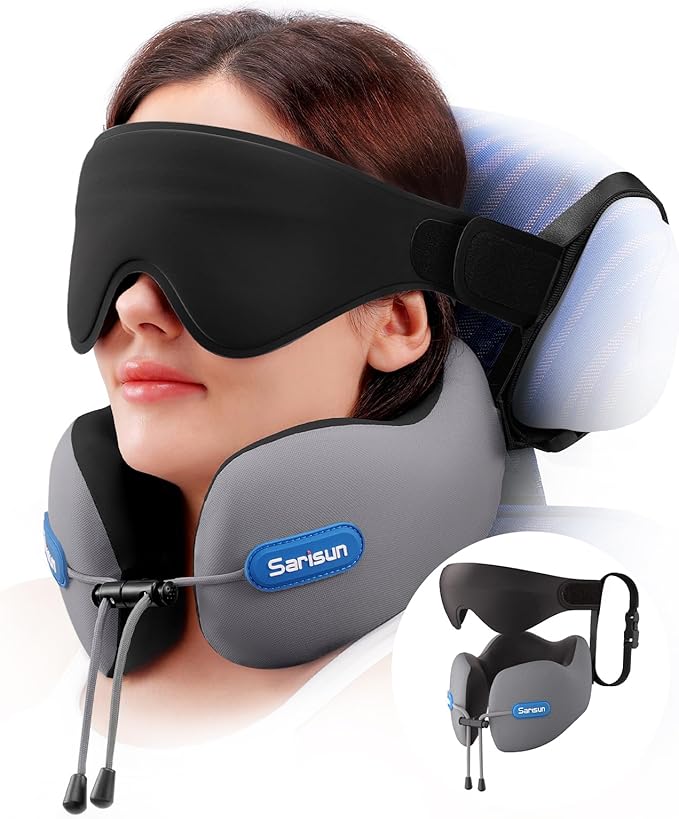 SARISUN Neck Pillow Airplane,Travel Pillow with Strap, Combo with 3D Eye Mask for Sleep, Dual-Density Supportive Foam Airplane Pillow for Long Flights, Car Road Trip Travel Essentials Grey