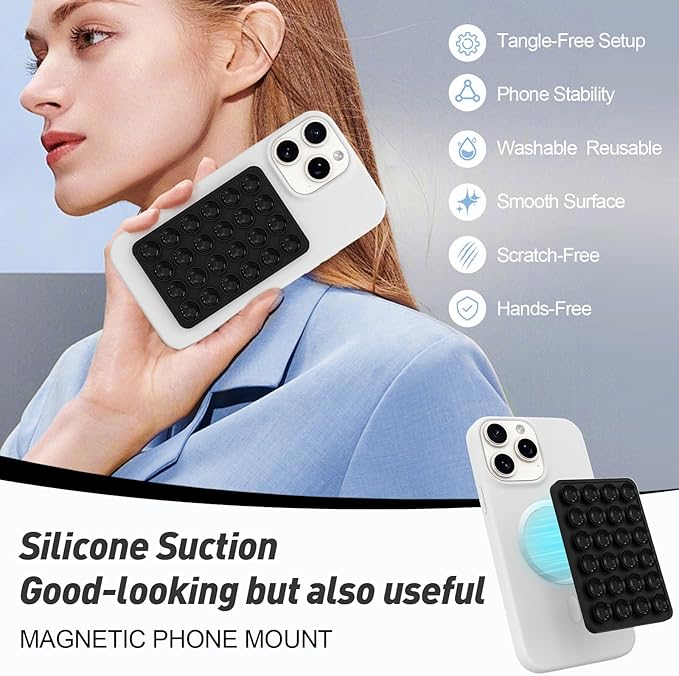 Magnetic Suction Phone Mount for MagSafe Case,Silicone Sticky Phone Grip Holder for iPhone,Removable Hands-Free Selfie/Video for TikTok & Instagram Influencer/Creator (Black)