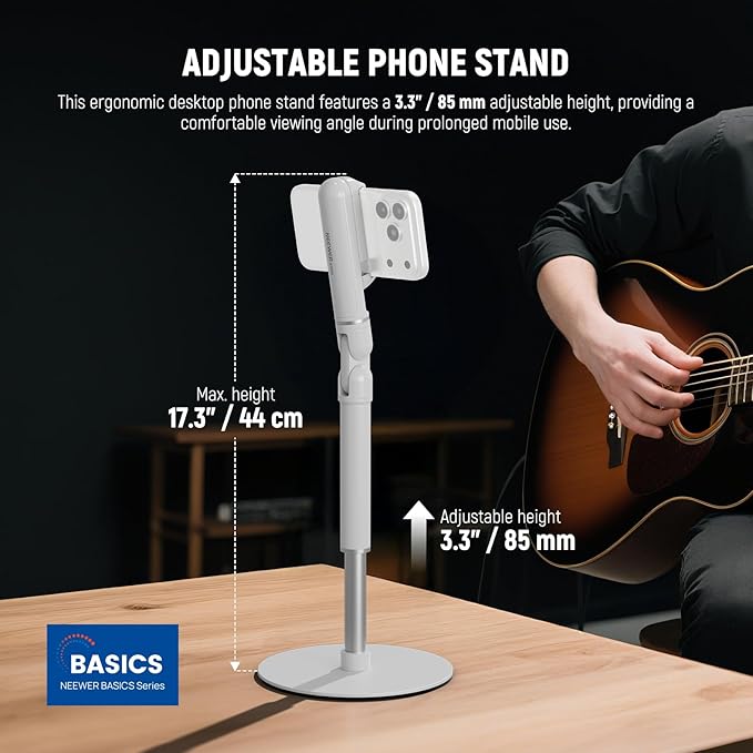 NEEWER Basics Cell Phone Stand for Desk, Adjustable Office Bed Table Phone Mount Holder Clamp with Weighted Metal Base, Compatible with iPhone Video Recording, ST006 White