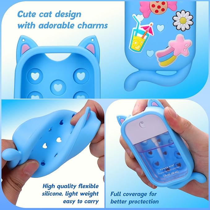 Juome Hand Sanitizer Spray Case for Touchland with Adjustable Keychain Lanyard & Charms, Cat Silicone Protective Holder for Touch Land Mist Case 1FL. OZ, Travel Cover Sleeve Accessory - Blue