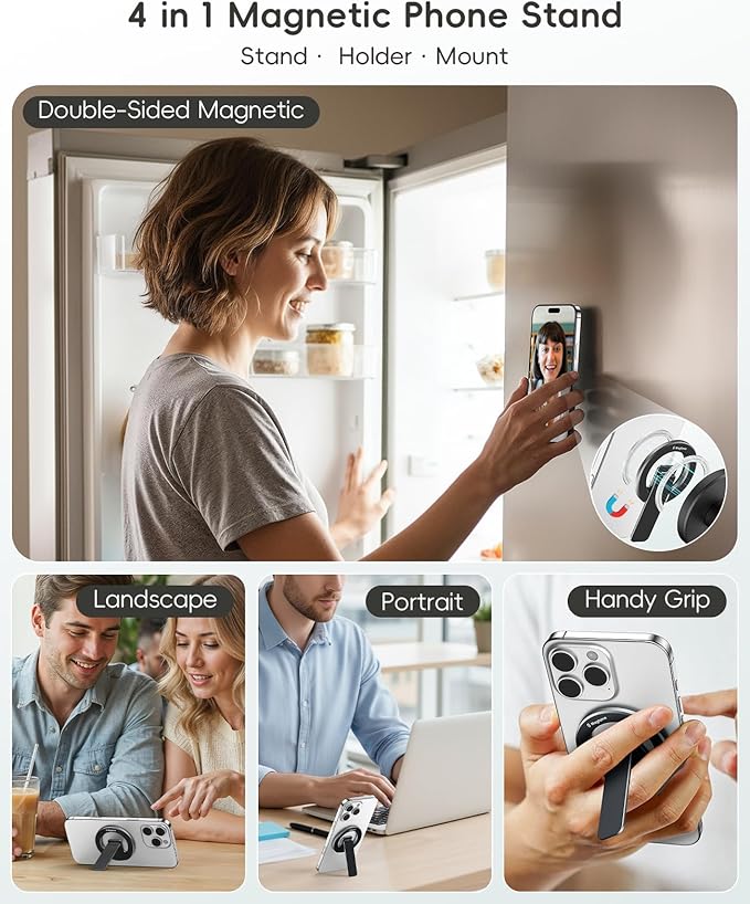 Magtame Double-Sided Magnetic Phone Stand Grip, Strong Magnetic Kickstand Desk Holder for Mag&Safe and Smartphone, Foldable Adjustable Design, Black
