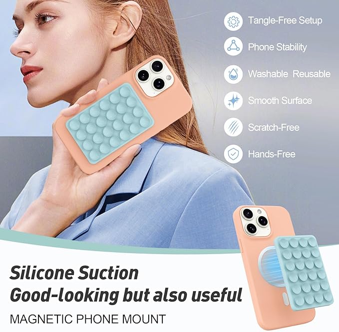 Magnetic Suction Phone Mount for MagSafe Case,Silicone Sticky Phone Grip Holder for iPhone,Removable Hands-Free Selfie/Video for TikTok & Instagram Influencer/Creator (Blue)