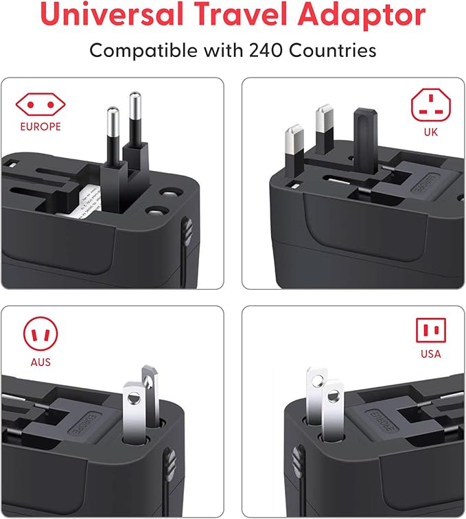 Universal Travel Adapter Worldwide | USB-C, USB-A Ports All in One International Travel Adapter Plug for USA to EU UK AU | European Plug Worldwide Travel Essentials