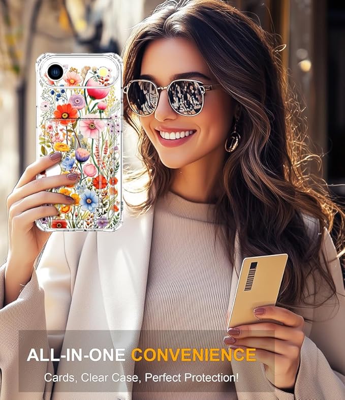 Compatible with iPhone 17 Air Case Card Holder for Women Cute Design,Wallet Phone Cases Transparent Cool Kawaii Protective (Clear Flowers Lily Girly Florals)