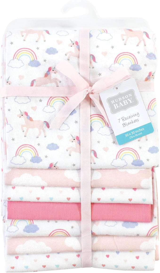 Hudson Baby Unisex Baby Cotton Flannel Receiving Blankets Bundle, Unicorns Rainbows, One Size