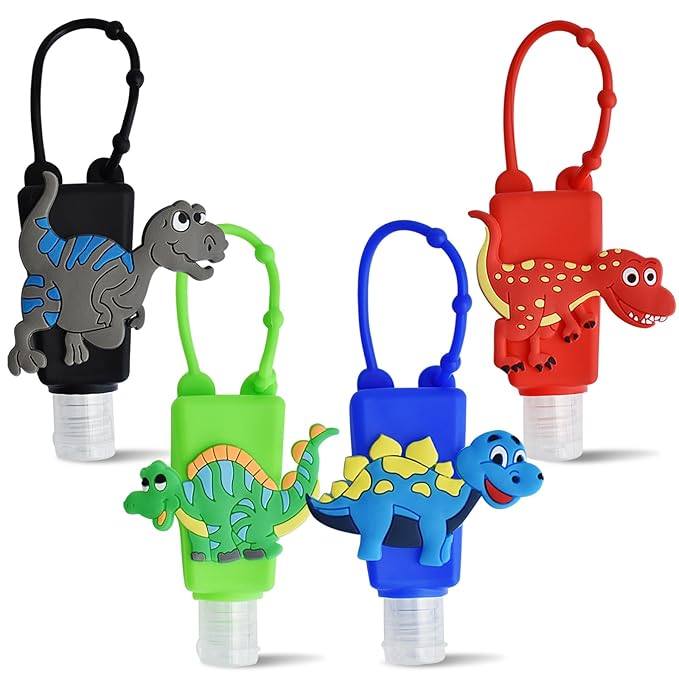 Refillable Travel Bottles Containers, 4 Pack Hand Sanitizer Travel Size Holder with Empty Silicone Bottles Case Keychain Carrier, Leak Proof Portable Bottle for Liquid Soap, Lotion (Dinosaur)