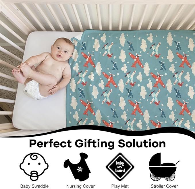 Unisex Cartoon Plane Aircraft Clouds Stars Baby Nursery Throw Gift Blanket for Boys Girls, Plane Transportation Pattern Swaddle Receiving Bed Blanket for Newborn Toddlers Kids-50x60