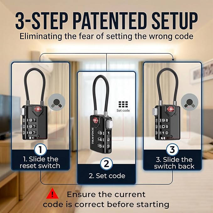 TRAVOCE TSA Approved Luggage Locks - Heavy Duty 3 Digit Combination Cable Lock, Search Alert for Suitcases, Backpacks, Golf Bags, Tents, Violin and Camera Cases, 10 Pack, Black