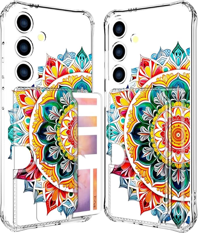 Compatible with Samsung Galaxy S24+ Plus / S25+ Plus Case Card Holder for Women Cute Design,Wallet Phone Cases Transparent Cool Kawaii Protective (Clear Mandala Henna Flower)