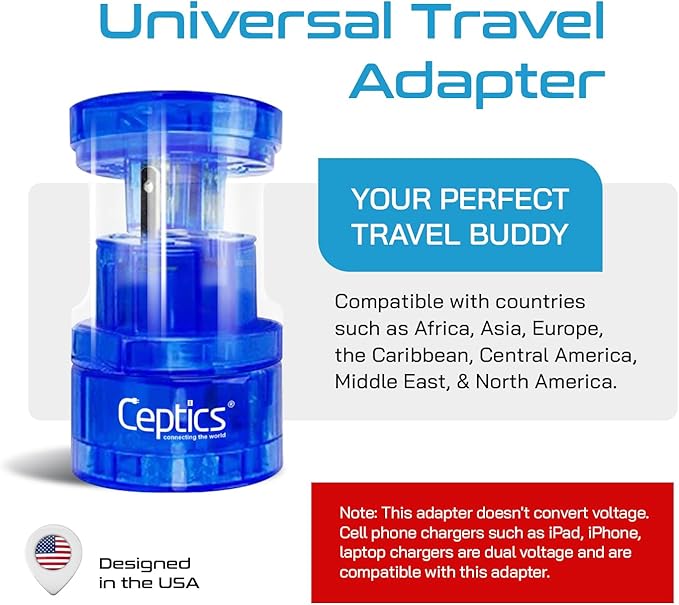 Ceptics Travel Adapter Plug Compact Worldwide International Kit - Works in Europe, Asia, China, England, Italy, New Zealand, Australia and More