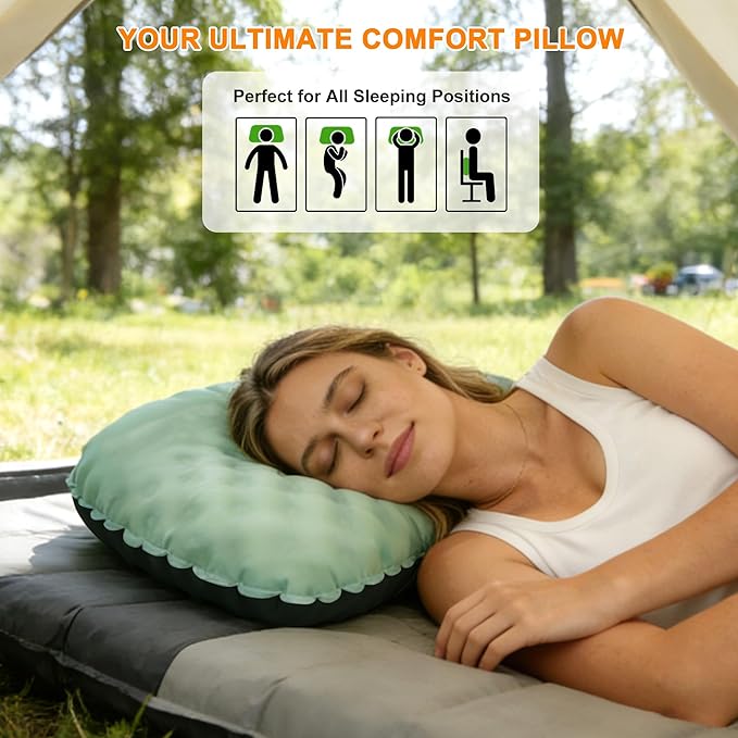 Ultralight Inflatable Camping Pillow with Soft Cover, Compact Compressible Portable Travel Air Pillow, Blow Up Camp Pillows for Outdoor Camp Sport Hiking Backpacking Travel Essential Green