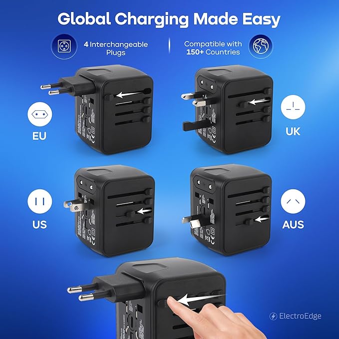 Universal Travel Adapter with 3USBA + 1USBC Port, All-in-1 Worldwide Travel Adapter | European to UK Plug Adaptor | International Travel Plug Adapter for US/EU/AUS/UK