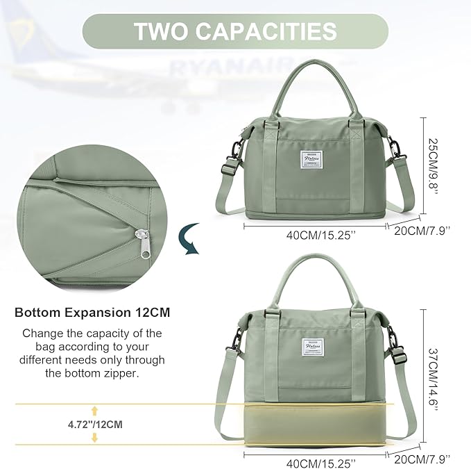 Travel Duffel Bag, 18x14x8 Inches Travel Bag Spirit with Shoes Compartment, Weekender Overnight Bag for Women with Trolley Sleeve, Carry On Bag for Airplanes Sport Tote Gym Bag(BeigeGreen).