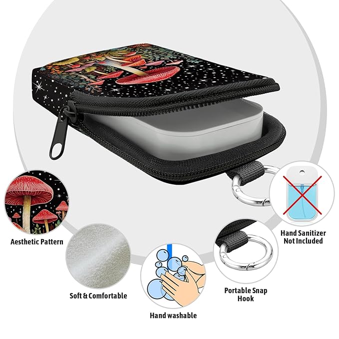 Cute Mushroom Hand Sanitizer Spray Case, Hand Sanitizer Holder Zippered Pouch, Fashion Accessory with Snap Hook for Glow Mist and Power Mist 1FL OZ