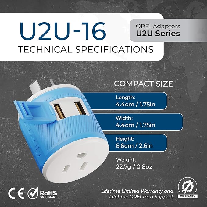 OREI Australia, New Zealand, China Travel Plug Adapter with Dual USB - Type I (U2U-16), Will Work with Cell Phones, Camera, Laptop, Tablets, iPad, iPhone and More