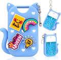 Cat Silicone Case Compatible with Touchland Hand Sanitizer Spray,1FL OZ/30ML Mist Holder with Keychain & 4 Cute Charms Accessory,Protective Cover for Touchland(1PCS Blue)