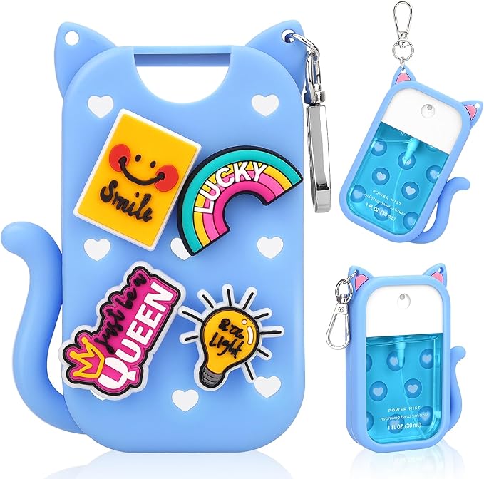 Cat Silicone Case Compatible with Touchland Hand Sanitizer Spray,1FL OZ/30ML Mist Holder with Keychain & 4 Cute Charms Accessory,Protective Cover for Touchland(1PCS Blue)
