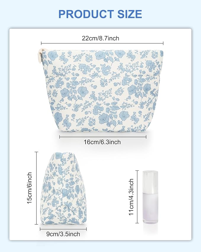 Small Makeup Bag, Portable Roomy Cosmetic Bag for Women, Floral Make Up Pouch, Mini Toiletry Bag Accessories Organizer for Trip, Office Stationery - Blue Flower