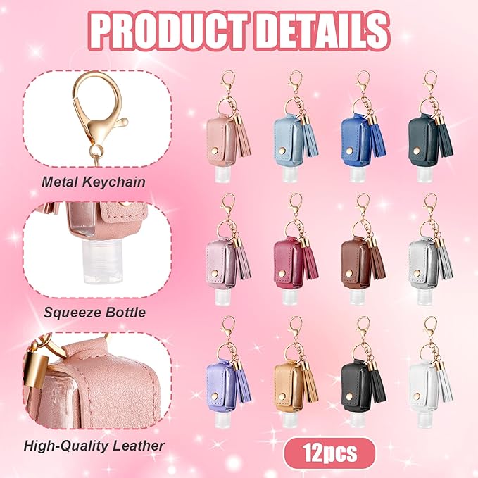 12Pcs Hand Sanitizer Keychain, 30ml Portable Leather Hand Sanitizer Holder Travel Size Keychain Refillable Bottle for Toiletry Lotion Liquid Soap Shampoo (12 Colors)