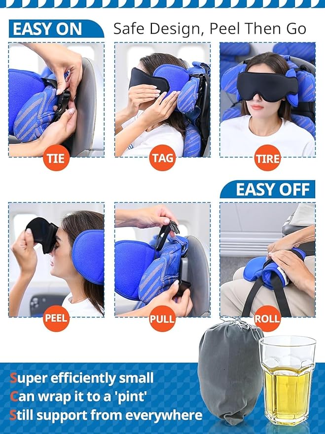 SARISUN Travel Pillows for Airplanes, Airplane Pillow with Purple Sleep Eye Mask, 360° Neck Support Headrest, Portable Airplane Travel Essentials, Airplane Head Strap for Long Flight, Stop Bobblehead