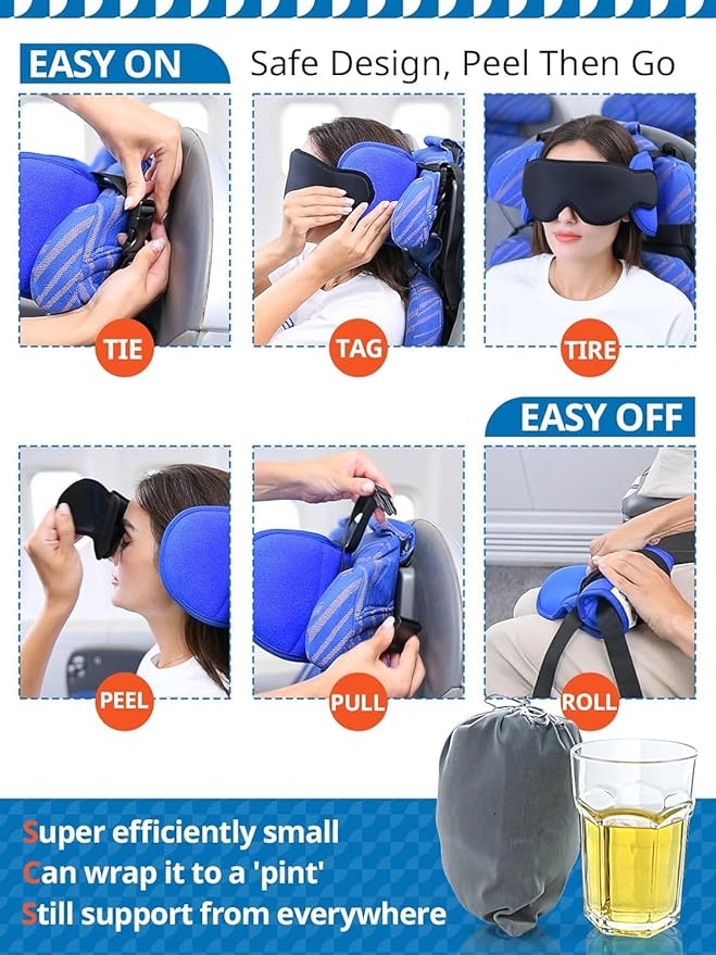 SARISUN Travel Pillows for Airplanes, Airplane Pillow with Brown-Red Sleep Eye Mask, 360° Neck Support Headrest, Portable Airplane Travel Essentials, Adjustable Airplane Head Strap, Stop Bobblehead
