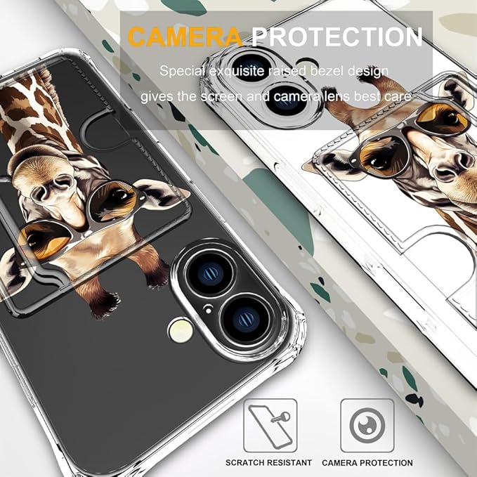 Compatible with iPhone 16 Plus Case Card Holder for Women Cute Design,Wallet Phone Cases Transparent Cool Kawaii Protective (Clear Giraffe Smoking Animal)