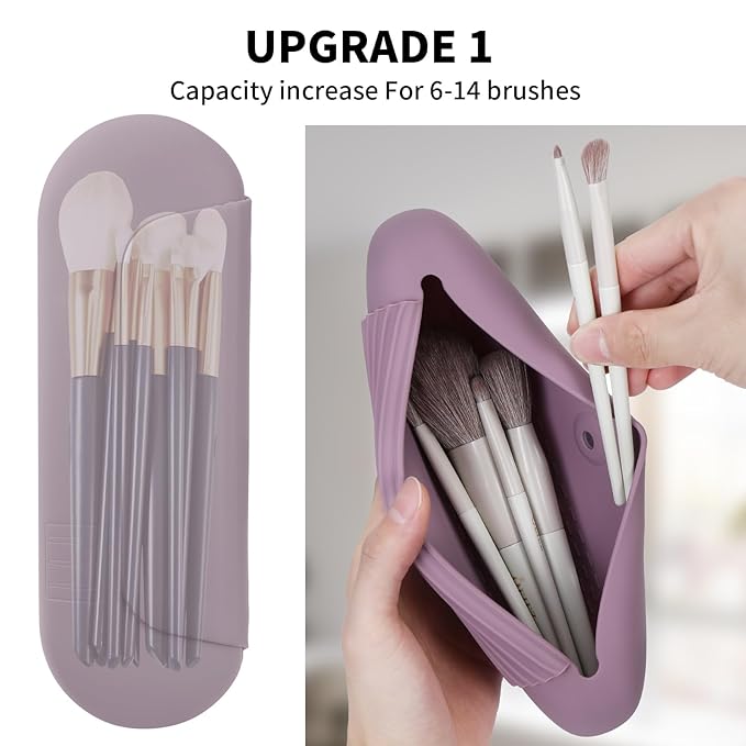 AGIKET Silicone Makeup Brush Holder Travel Cosmetic Bag：Soft Portable Cosmetic Face Brushes Holder with Upgrade Anti-Fall Out Magnetic Closure, Large Travel Makeup Brush Case - Light Purple