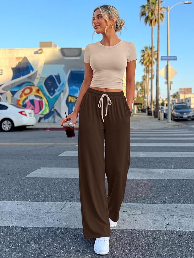 Trendy Queen 2 Piece Matching Summer Lounge Set Womens Side Ruching Top Wide Leg Pants Sets with Pockets