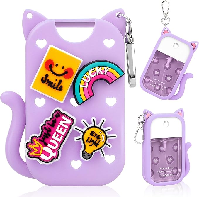 Cute Cat Silicone Case Compatible with Touchland Hand Sanitizer Spray,Portable Power Mist 1 FL OZ/30ML Sanitizer Holder for Touchland with Keychain & 4 Charms Touchland Keychain Holder(1 PCS Purple)