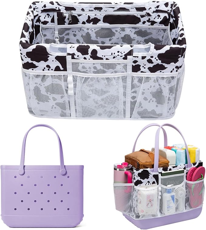 Nyton Custom Fit Organizer Bag Insert for Bogg Bag Inner Liner Pouch for Original Large XL Rubber Tote Zippered Organizer with Pockets for Beach Travel Sports Mom (BLACK WHITE COW, LARGE)