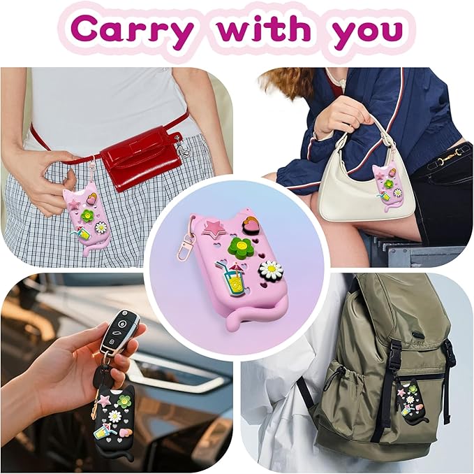 Cat Silicone Case with Keychain & Charms for Touchland Hand Sanitizer Spray, Protective Holder Compatible with Power Mist & Glow Mist 1 FL Oz/30ML