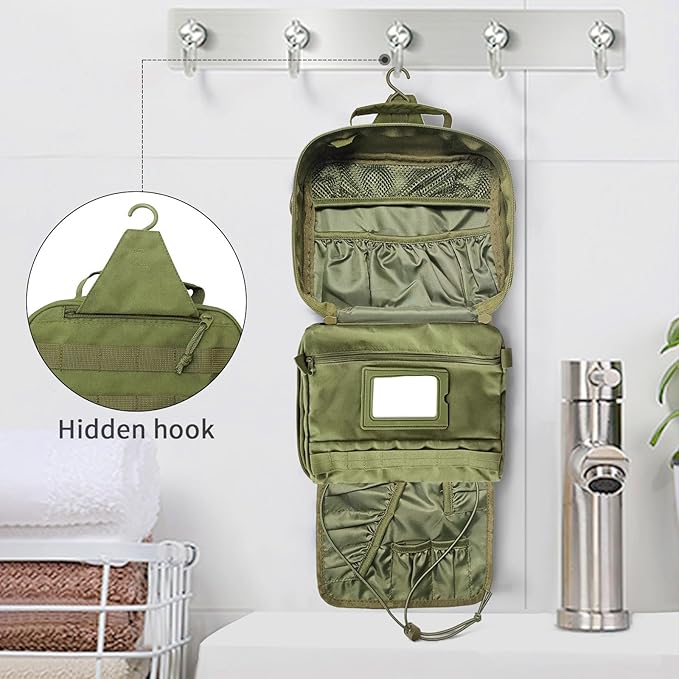 SUNRISING Tactical Toiletry Bag for Men, Hanging Travel Toiletry Organizer Dopp Kit, Shaving Hygiene Toiletries Bag, Men's Toiletry Bag for Short Trips Camping - Green