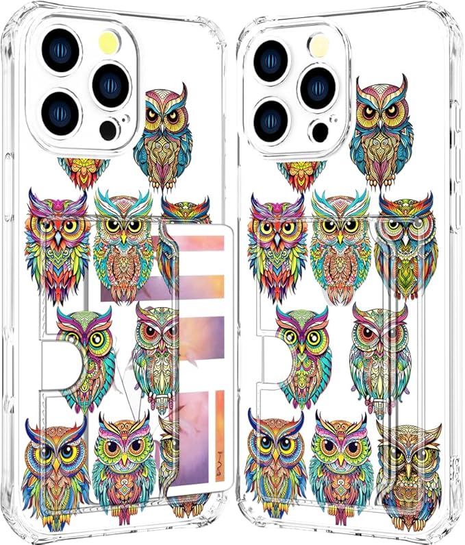 Compatible with iPhone 16 Pro Case Card Holder for Women Cute Design,Wallet Phone Cases Transparent Cool Kawaii Protective (Clear Colorful Owls Cartoon)