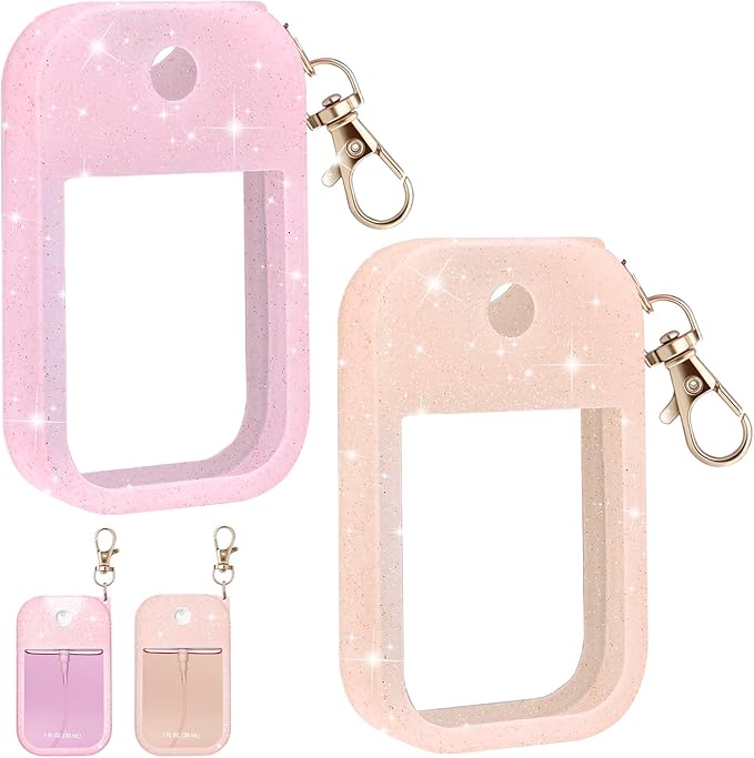Palksky Hand Sanitizer Spray Case for Touchland,Protective Case with Keychain for Power Mist and Glow Mist1 fl oz(Glitter Sequin Pink and Blush Beige),Travel Size