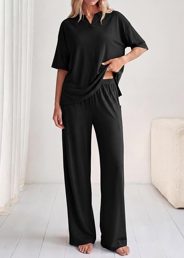 KIRUNDO Womens 2 Piece Matching Lounge Set Airport Travel Vacation Summer Outfits Oversized Short Sleeve Tops Wide Leg Pants