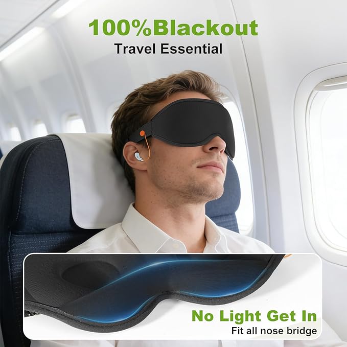3D Contoured Sleep Mask with Earplug Retainer Cord,100% Pressure-Free & Total Light Blocking Eye Mask with Adjustable Strap. Ideal for Sleep Earplug User, Airplane Travel, Meditation Black