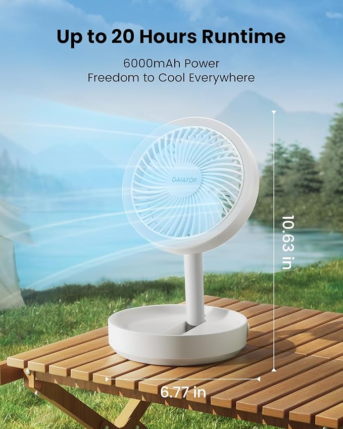 Gaiatop Foldable Small Desk Fan with LED Night Light, 6.8in Wireless 6000mAh Battery Powered Portable Fan USB Rechargeable, Bedroom Office Dorm Camping Travel Cruise Essentials, Gifts for Women Men