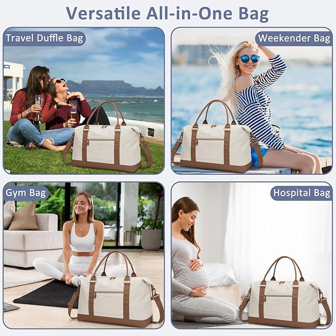 ELONGRIVER Travel Duffle Bag for Women, Weekender Bags, Hospital Bag for Labor Delivery, Lightweight Tote Duffel Overnight Bag with Luggage Sleeve, Airplane Travel Bags with Toiletry Bag,X-Large,Beige