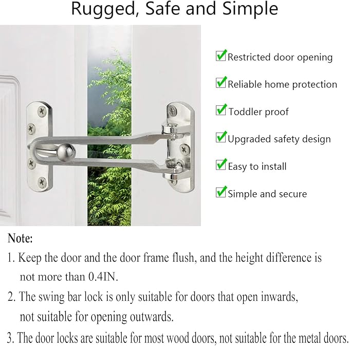 Topbuti Home Security Door Lock, 2 Pack Latch Guard Clasp Front Door Locks for Kids, Home Reinforcement Lock for Swing-in Doors, Hotel Door Latches, Thicken Solid Aluminium Alloy, Satin Nickel