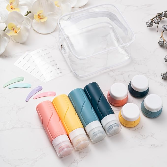 Travel Bottles for Toiletries 15 Pack, TSA Approved Travel Size Containers 3oz, LeakProof Silicone Squeezable Creams Jars, Refillable Toiletry Bottles for Shampoo, Conditioner (Blue)