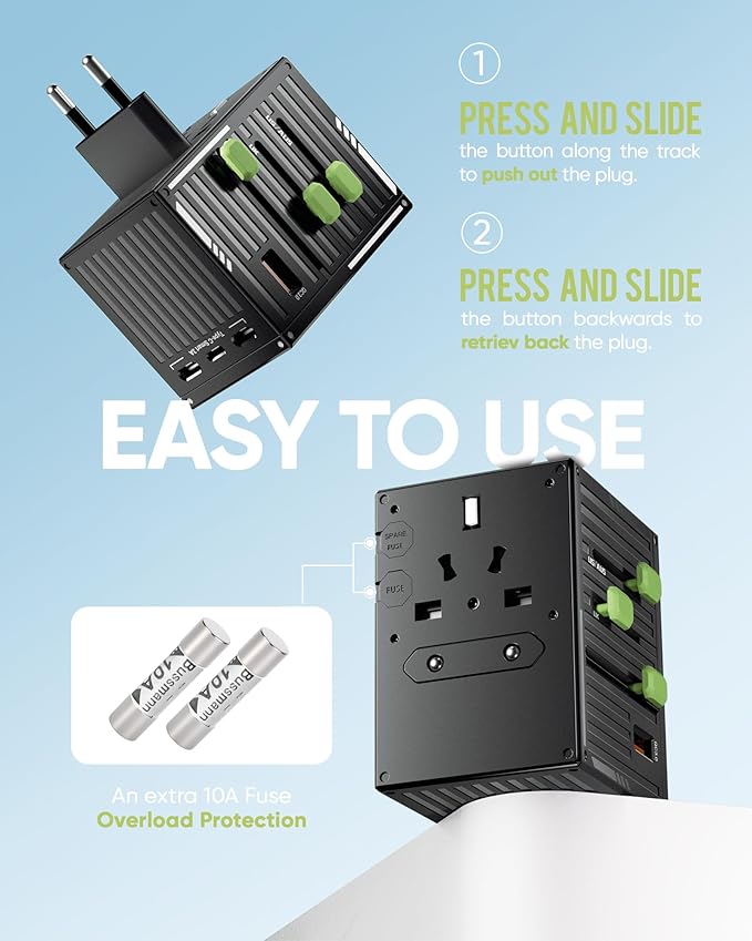TenTrend 70W Universal Travel Adapter with 4 USB-C & 1 USB-A Ports, International Power Adapter, European Travel Plug Adapter, Worldwide Travel Essentials for EU UK AUS USA