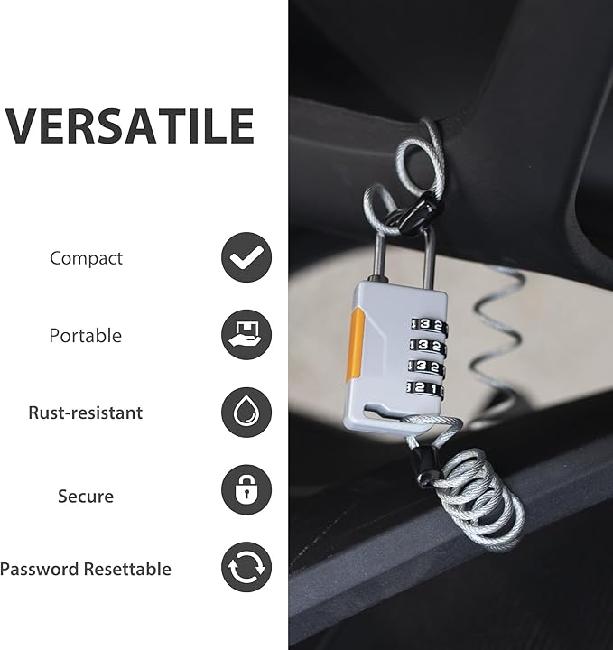 4 Digit Combination Padlock with Retractable Cable (36in), Ski Lock, Combo Cable Lock for Snowboard, Travel Luggage, Suitcase, Bike, Gym Locker, Cabinet, Fridge, Refrigerator Door (Gray)
