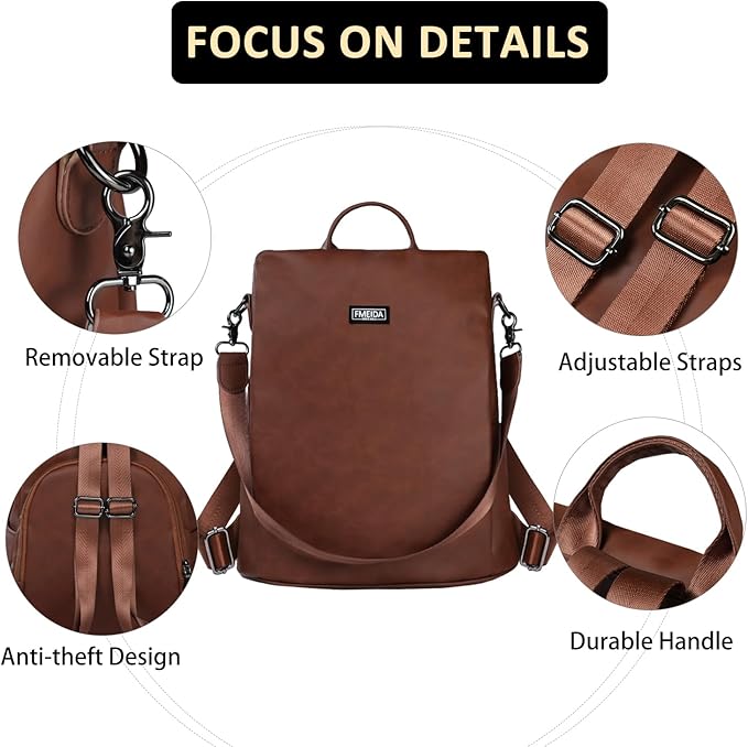 Fmeida Backpack Purse for Women PU Leather Anti Theft Backpack for Travel Convertible Fashion Daypack Brown