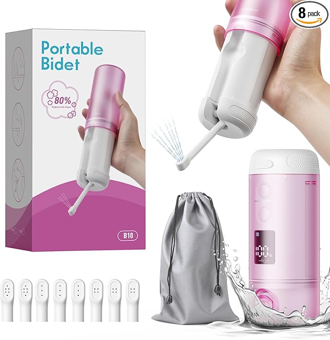 Portable Bidet - 250ml Tank Peri Bottle for Women with 5 Pressure Modes, 8 Replaceable Nozzles and 2000mAh Rechargeable Battery for Travel and Postpartum Use (Purple)