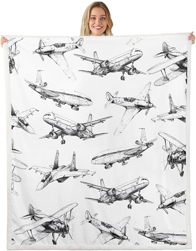 Airplane Kids Throw Blanket,American Aircraft Vintage Toddler Bed Blanket for Girls Boys Adults,Air Vehicles Air Plane Fleece Blanket,Black White Fuzzy Blanket,40 x 50 Inches
