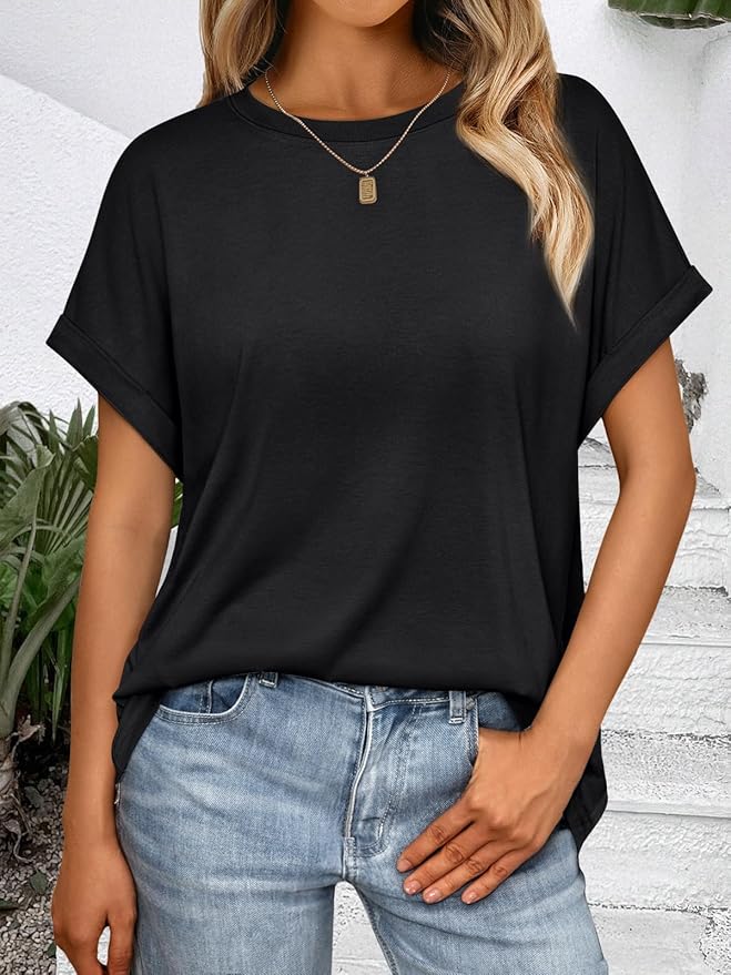 AUTOMET Women's Oversized Short Sleeve T Shirts Casual Drop Shoulder Rolled Cuff Summer Tops for Work, Travel and Lounge