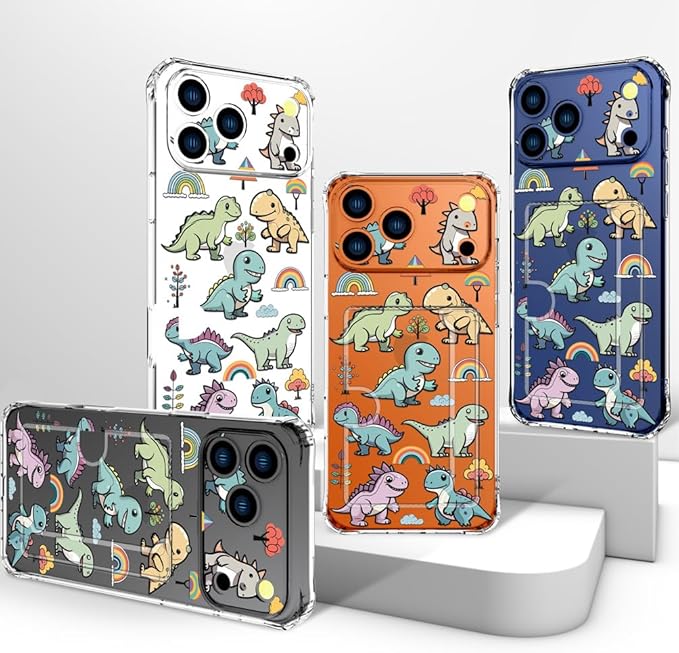 Compatible with iPhone 17 Pro Case Card Holder for Women Cute Design,Wallet Phone Cases Transparent Cool Kawaii Protective (Clear Lovely Dinosaurs)